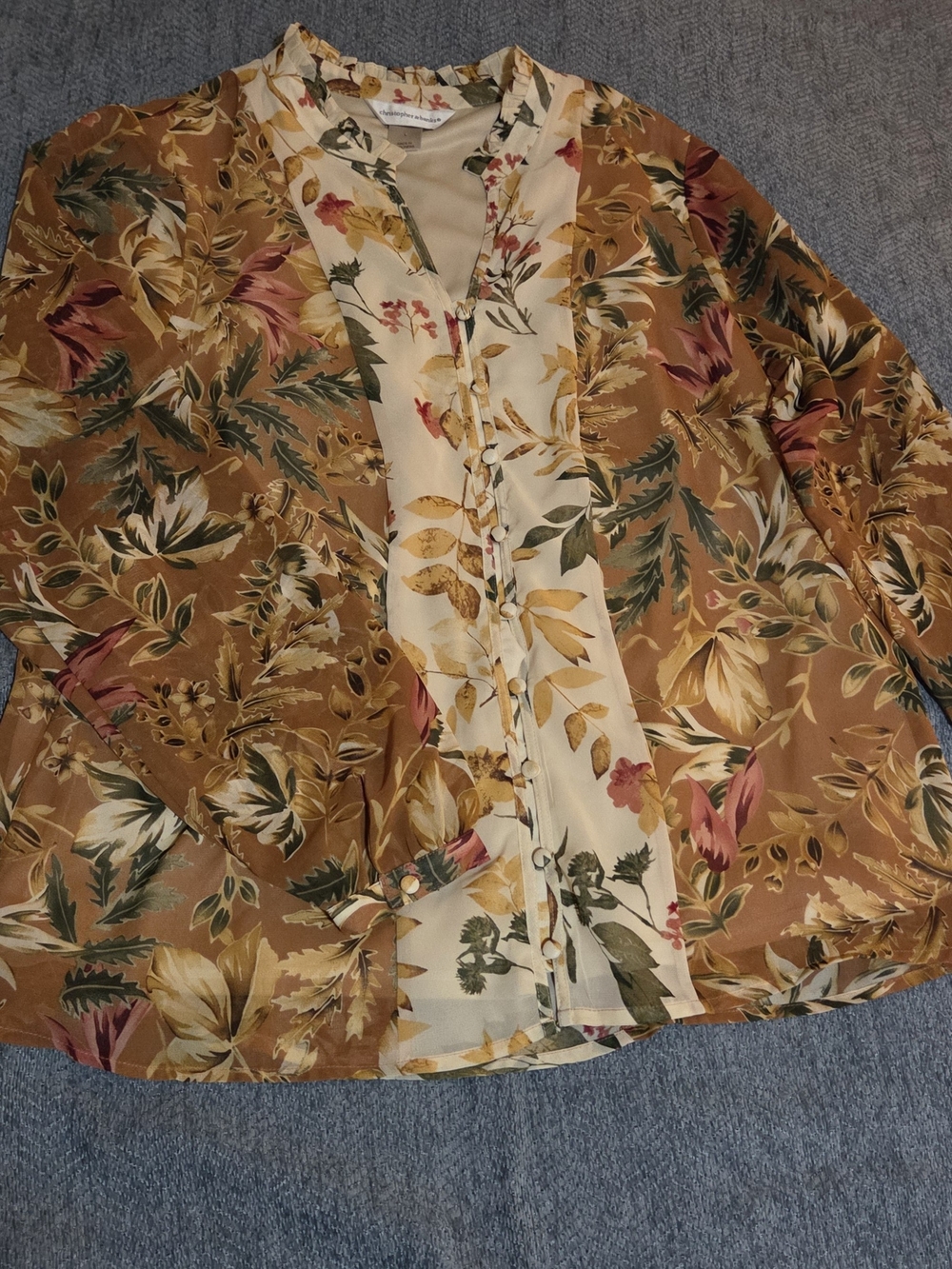 Floral Button-Front Women’s Top in Cream and Mustard